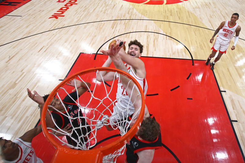 TORONTO, CANADA - FEBRUARY 9: Alperen Sengun #28 of the Houston Rockets drives to the basket during the game against the Toronto Raptors on February 9, 2024 at the Scotiabank Arena in Toronto, Ontario, Canada.  NOTE TO USER: User expressly acknowledges and agrees that, by downloading and or using this Photograph, user is consenting to the terms and conditions of the Getty Images License Agreement.  Mandatory Copyright Notice: Copyright 2024 NBAE (Photo by Vaughn Ridley/NBAE via Getty Images)