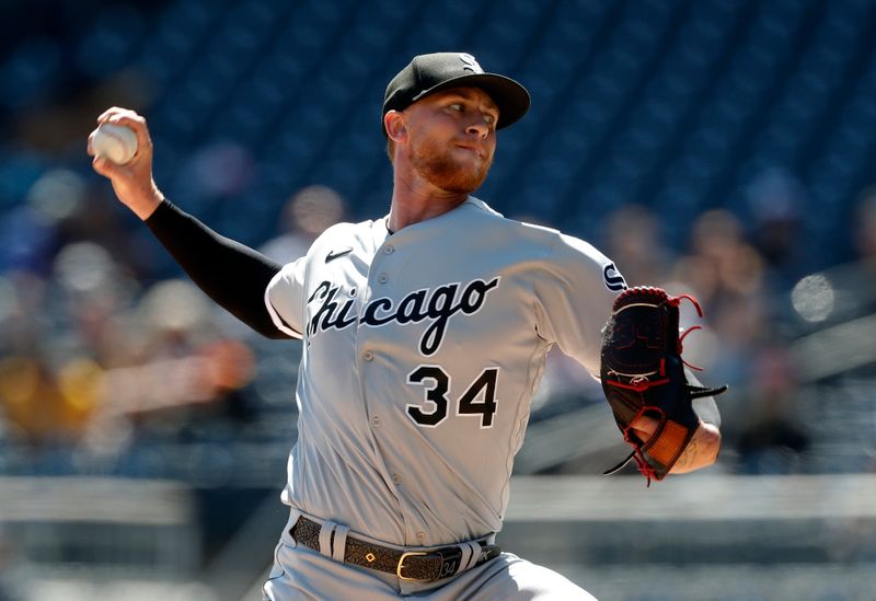 Apr 9, 2023; Pittsburgh, Pennsylvania, USA;  Chicago White Sox starting pitcher Michael Kopech (34) delivers a pitch against the Pittsburgh Pirates during the first inning at PNC Park. Mandatory Credit: Charles LeClaire-USA TODAY Sports