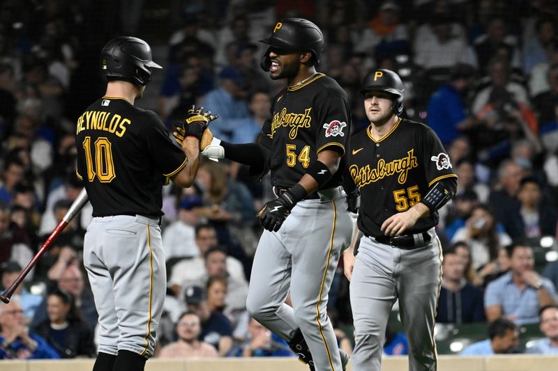 Sep 20, 2023; Chicago, Illinois, USA; hits a Pittsburgh Pirates right fielder Joshua Palacios (54) celebrates with teammates after he hits a three run home run against the Chicago Cubs during the fourth inning at Wrigley Field. Mandatory Credit: Matt Marton-USA TODAY Sports