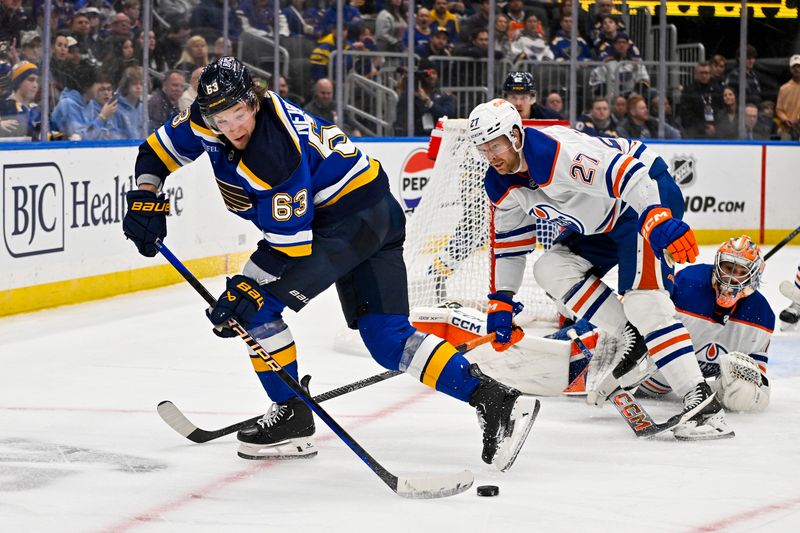 Feb 15, 2024; St. Louis, Missouri, USA;  St. Louis Blues left wing Jake Neighbours (63) controls the puck as Edmonton Oilers defenseman Brett Kulak (27) defends during the second period at Enterprise Center. Mandatory Credit: Jeff Curry-USA TODAY Sports