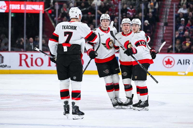 Dec 2, 2025; Montreal, Quebec, CAN; Ottawa Senators left wing Fabian Zetterlund (20) celebrates with his teammates his goal against the Montreal Canadiens during the first period at Bell Centre. Mandatory Credit: David Kirouac-Imagn Images