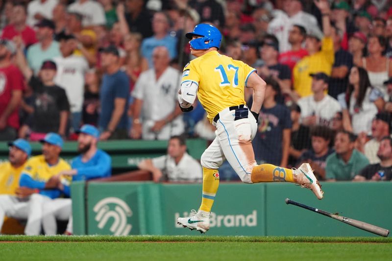 Jul 27, 2024; Boston, Massachusetts, USA; Boston Red Sox left fielder Tyler O'Neill (17) rounds the bases after hitting a home run against the New York Yankees during the seventh inning at Fenway Park. Mandatory Credit: Gregory Fisher-USA TODAY Sports