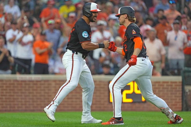 Aug 15, 2024; Baltimore, Maryland, USA; Baltimore Orioles  shortstop Gunnar Henderson (right) greeted by outfielder Anthony Santander (left) following his two run home run in the fourth inning against the Boston Red Sox at Oriole Park at Camden Yards. Mandatory Credit: Mitch Stringer-USA TODAY Sports