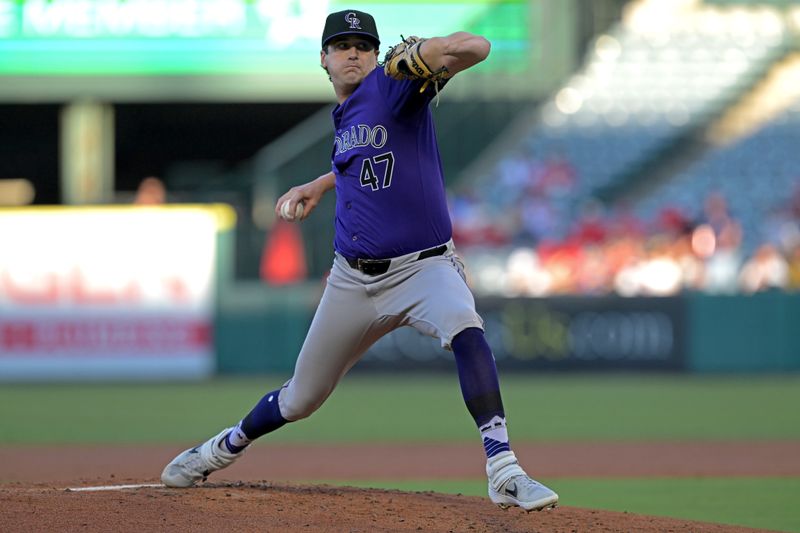 Jul 30, 2024; Anaheim, California, USA;  Colorado Rockies starting pitcher Cal Quantrill (47) delivers to the plate in the first inning against the Los Angeles Angels at Angel Stadium. Mandatory Credit: Jayne Kamin-Oncea-USA TODAY Sports