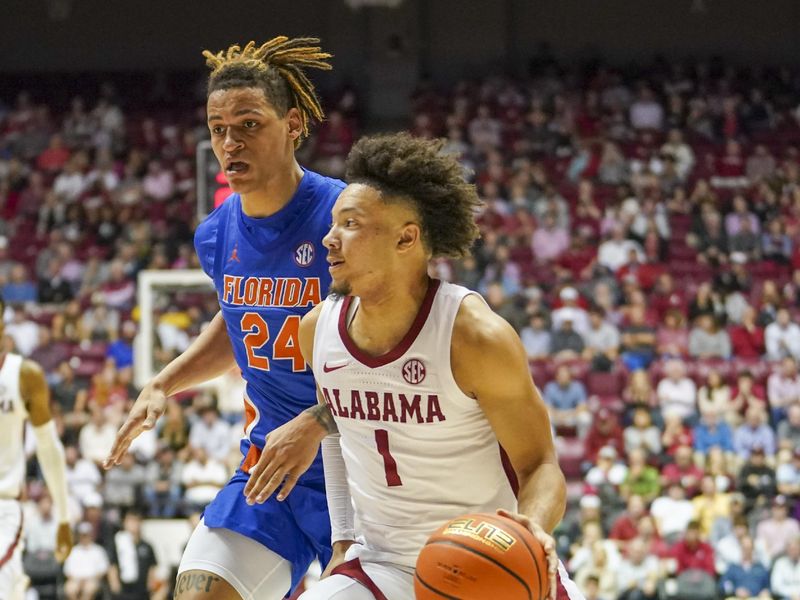 Feb 8, 2023; Tuscaloosa, Alabama, USA; Alabama Crimson Tide guard Mark Sears (1) drives to the basket against Florida Gators guard Riley Kugel (24) during the second half at Coleman Coliseum. Mandatory Credit: Marvin Gentry-USA TODAY Sports