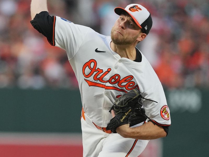 Aug 22, 2024; Baltimore, Maryland, USA; Baltimore Orioles pitcher Corbin Burnes (39) throws a pitch in the second inning against the Houston Astros at Oriole Park at Camden Yards. Mandatory Credit: Mitch Stringer-USA TODAY Sports