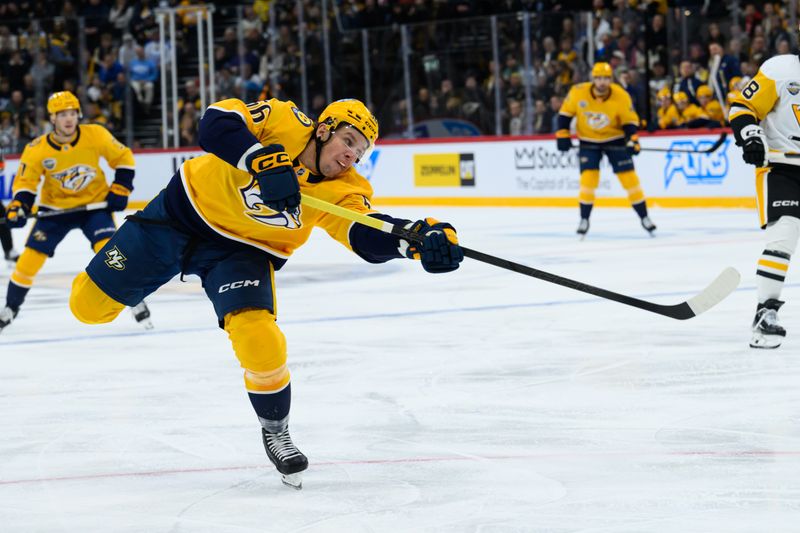 Nov 14, 2025; Stockholm, SWEDEN; Nashville Predators left wing Erik Haula (56) takes a shot against the Pittsburgh Penguins in a Global Series ice hockey game at Avicii Arena. Mandatory Credit: Per Haljestam-Imagn Images