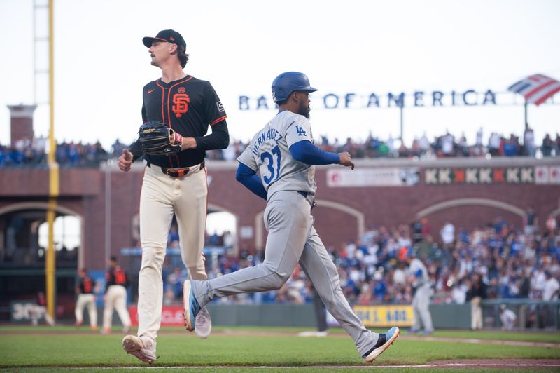 Jun 29, 2024; San Francisco, California, USA; Los Angeles Dodgers outfielder Teoscar Hernández (37) on his way to score against the San Francisco Giants during the eleventh inning at Oracle Park. Mandatory Credit: Ed Szczepanski-USA TODAY Sports