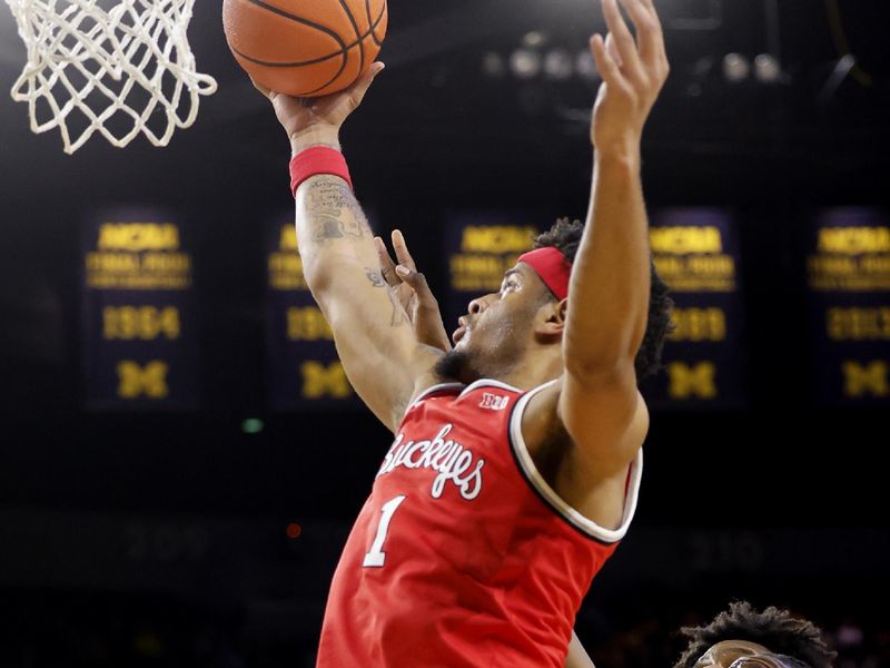 Jan 15, 2024; Ann Arbor, Michigan, USA; Ohio State Buckeyes guard Roddy Gayle Jr. (1) grabs the rebound in the first half against the Michigan Wolverines at Crisler Center. Mandatory Credit: Rick Osentoski-USA TODAY Sports