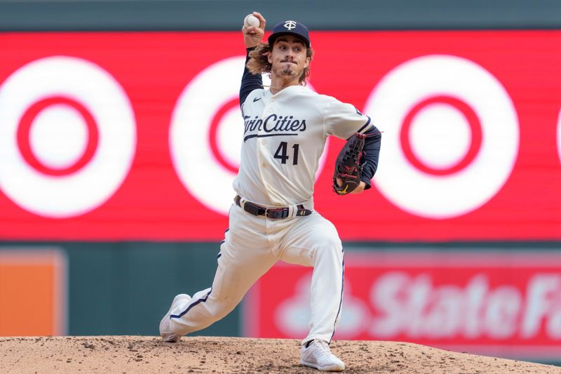 Sep 24, 2023; Minneapolis, Minnesota, USA; Minnesota Twins starting pitcher Joe Ryan (41) pitches in the fifth inning against the Los Angeles Angels at Target Field. Mandatory Credit: Matt Blewett-USA TODAY Sports