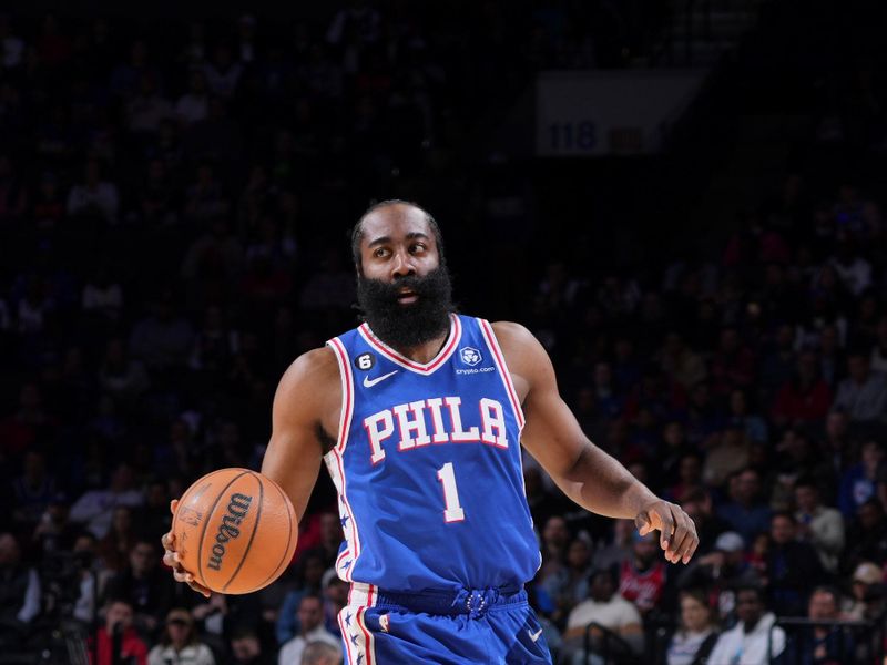 PHILADELPHIA, PA - MARCH 29: James Harden #1 of the Philadelphia 76ers dribbles the ball during the game against the Dallas Mavericks on March 29, 2023 at the Wells Fargo Center in Philadelphia, Pennsylvania NOTE TO USER: User expressly acknowledges and agrees that, by downloading and/or using this Photograph, user is consenting to the terms and conditions of the Getty Images License Agreement. Mandatory Copyright Notice: Copyright 2023 NBAE (Photo by Jesse D. Garrabrant/NBAE via Getty Images)