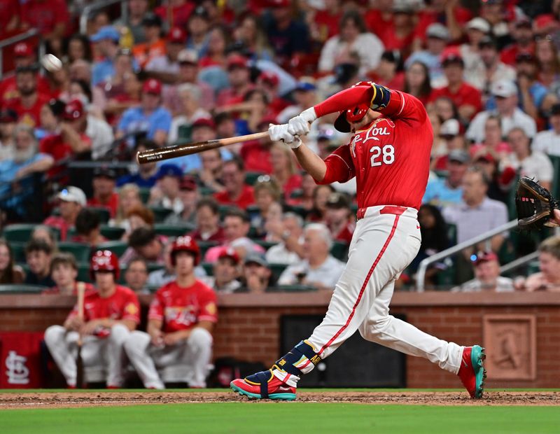 Aug 17, 2024; St. Louis, Missouri, USA;  St. Louis Cardinals third base Nolan Arenado (28) hits a solo home run against the Los Angeles Dodgers in the eighth inning at Busch Stadium. Mandatory Credit: Tim Vizer-USA TODAY Sports