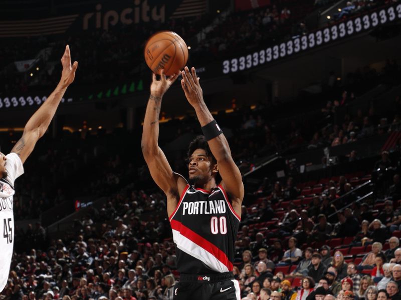 PORTLAND, OR - JANUARY 14: Scoot Henderson #00 of the Portland Trail Blazers shoots a three point basket during the game against the Brooklyn Nets on January 14, 2025 at the Moda Center Arena in Portland, Oregon. NOTE TO USER: User expressly acknowledges and agrees that, by downloading and or using this photograph, user is consenting to the terms and conditions of the Getty Images License Agreement. Mandatory Copyright Notice: Copyright 2025 NBAE (Photo by Cameron Browne/NBAE via Getty Images)