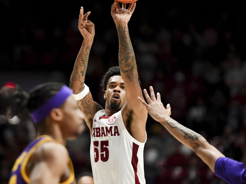 Jan 27, 2024; Tuscaloosa, Alabama, USA;  Alabama guard Aaron Estrada takes a three point shot against LSU at Coleman Coliseum. Mandatory Credit: Gary Cosby Jr.-USA TODAY Sports