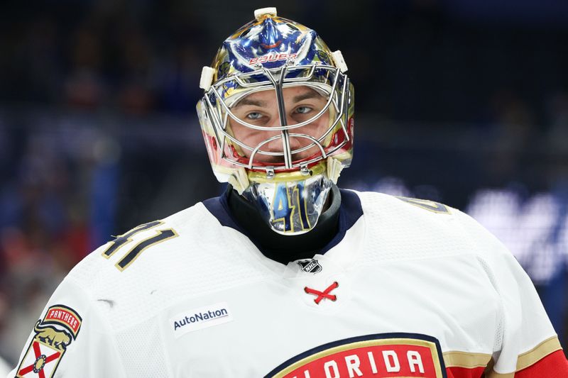 Feb 17, 2024; Tampa, Florida, USA;  Florida Panthers goaltender Anthony Stolarz (41) warms up before a game against the Tampa Bay Lightning at Amalie Arena. Mandatory Credit: Nathan Ray Seebeck-USA TODAY Sports