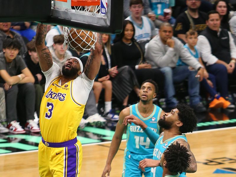 CHARLOTTE, NC - FEBRUARY 5: Anthony Davis #3 of the Los Angeles Lakers dunks the ball during the game against the Charlotte Hornets on February 5, 2024 at Spectrum Center in Charlotte, North Carolina. NOTE TO USER: User expressly acknowledges and agrees that, by downloading and or using this photograph, User is consenting to the terms and conditions of the Getty Images License Agreement. Mandatory Copyright Notice: Copyright 2024 NBAE (Photo by Kent Smith/NBAE via Getty Images)