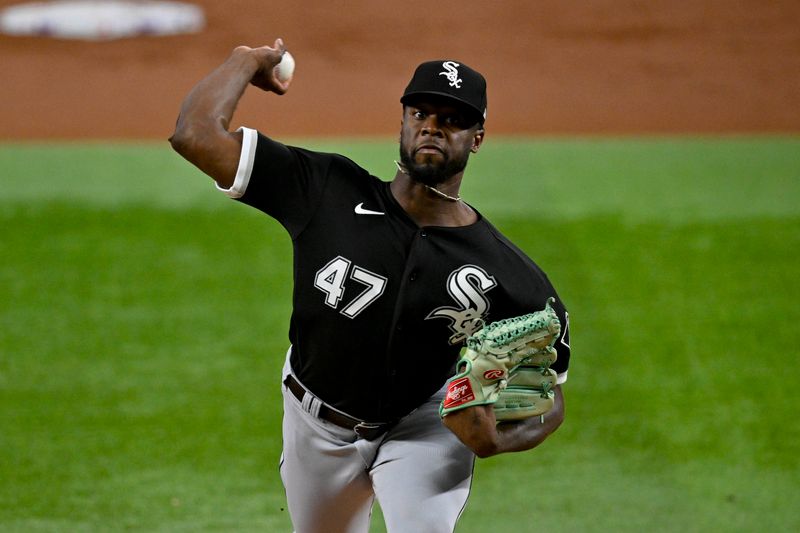 Aug 3, 2023; Arlington, Texas, USA; Chicago White Sox starting pitcher Touki Toussaint (47) pitches against the Texas Rangers during the first inning at Globe Life Field. Mandatory Credit: Jerome Miron-USA TODAY Sports