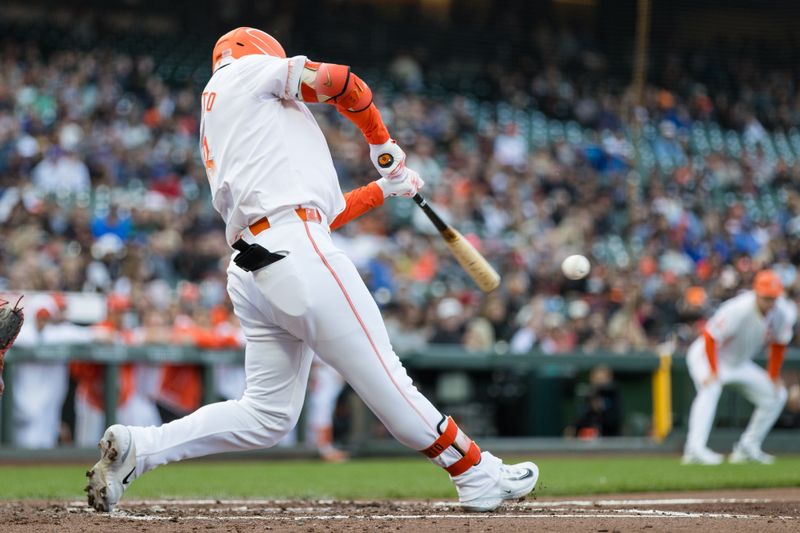 Jun 25, 2024; San Francisco, California, USA; San Francisco Giants left fielder Michael Conforto (8) hits an RBI single against the Chicago Cubs during the second inning at Oracle Park. Mandatory Credit: John Hefti-USA TODAY Sports
