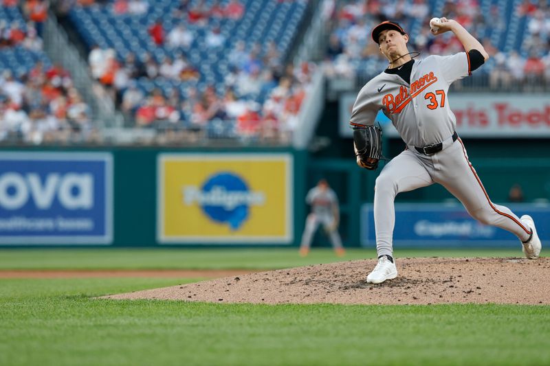 Apr 24, 2025; Washington, District of Columbia, USA; Baltimore Orioles pitcher Cade Povich (37) pitches against the Washington Nationals during the second inning at Nationals Park. Mandatory Credit: Geoff Burke-Imagn Images