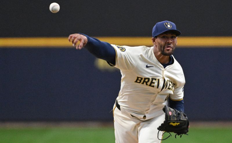 Apr 3, 2024; Milwaukee, Wisconsin, USA; Milwaukee Brewers starting pitcher Joe Ross (41) delivers a pitch in the first inning against the Minnesota Twins at American Family Field. Mandatory Credit: Michael McLoone-USA TODAY Sports