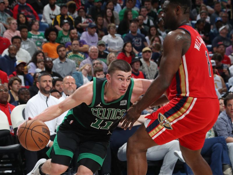 NEW ORLEANS, LA - MARCH 30: Payton Pritchard #11 of the Boston Celtics handles the ball during the game against the New Orleans Pelicans on March 30, 2024 at the Smoothie King Center in New Orleans, Louisiana. NOTE TO USER: User expressly acknowledges and agrees that, by downloading and or using this Photograph, user is consenting to the terms and conditions of the Getty Images License Agreement. Mandatory Copyright Notice: Copyright 2024 NBAE (Photo by Layne Murdoch Jr./NBAE via Getty Images)