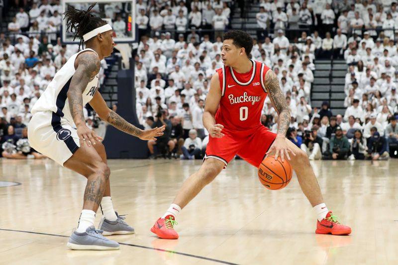 Jan 30, 2025; University Park, Pennsylvania, USA; Ohio State Buckeyes guard John Mobley Jr (0) dribbles the ball as Penn State Nittany Lions guard Nick Kern Jr (3) defends during the first half at Rec Hall. Mandatory Credit: Matthew O'Haren-Imagn Images