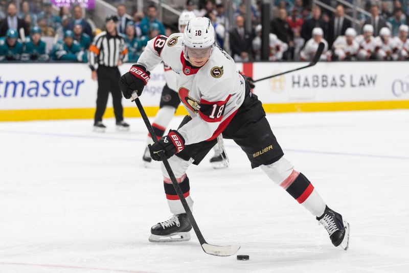 Nov 22, 2025; San Jose, California, USA; Ottawa Senators center Tim Stützle (18) controls the puck during the first period against the San Jose Sharks at SAP Center at San Jose. Mandatory Credit: Stan Szeto-Imagn Images Nov 22, 2025; San Jose, California, USA; Ottawa Senators center Tim Stützle (18) controls the puck during the first period against the San Jose Sharks at SAP Center at San Jose. Mandatory Credit: Stan Szeto-Imagn Images