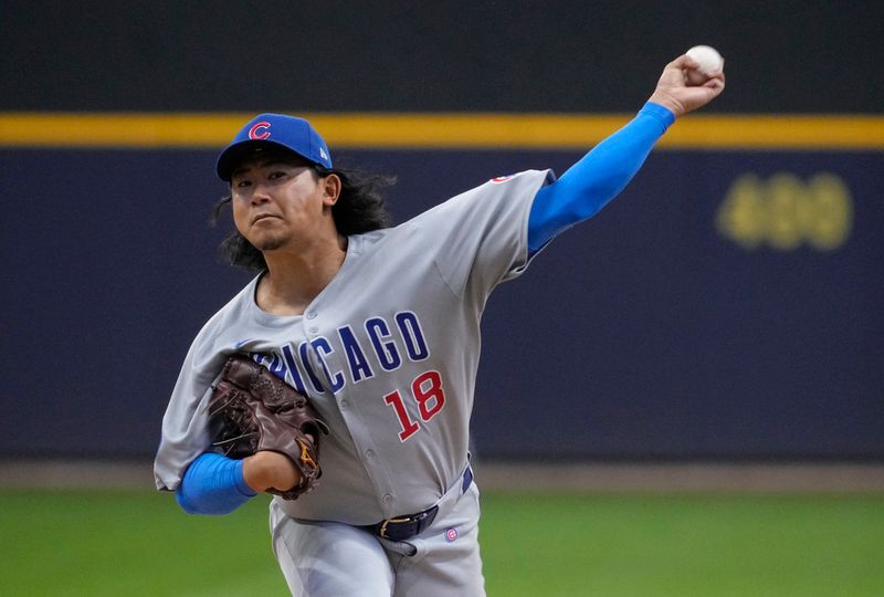 May 4, 2025; Milwaukee, Wisconsin, USA; Chicago Cubs pitcher Shota Imanaga (18) delivers a pitch against the Milwaukee Brewers in the first inning at American Family Field. Mandatory Credit: Michael McLoone-Imagn Images