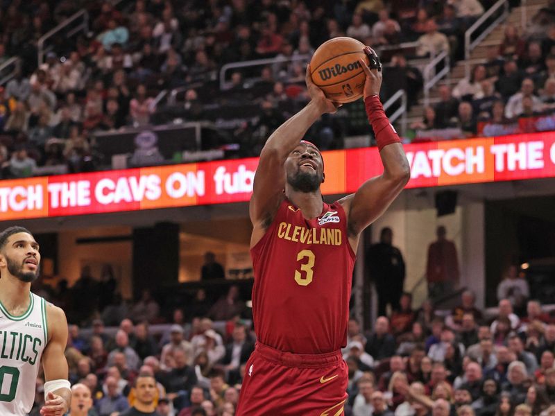 CLEVELAND, OH - DECEMBER 1: Caris LeVert #3 of the Cleveland Cavaliers drives to the basket during the game against the Boston Celtics on December 1, 2024 at Rocket Mortgage FieldHouse in Cleveland, Ohio. NOTE TO USER: User expressly acknowledges and agrees that, by downloading and/or using this Photograph, user is consenting to the terms and conditions of the Getty Images License Agreement. Mandatory Copyright Notice: Copyright 2024 NBAE (Photo by  Lauren Leigh Bacho/NBAE via Getty Images)