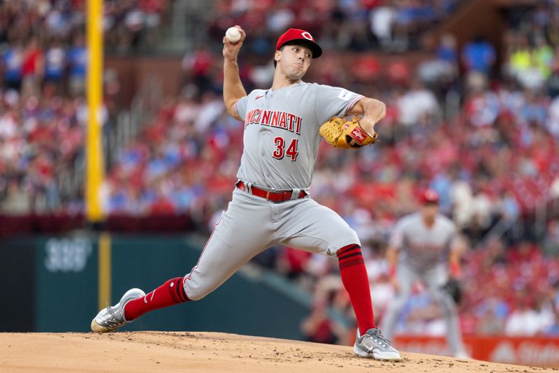 Sep 30, 2023; St. Louis, Missouri, USA;  Cincinnati Reds starting pitcher Connor Phillips (34) pitches against the St. Louis Cardinals at Busch Stadium. Mandatory Credit: Zach Dalin-USA TODAY Sports