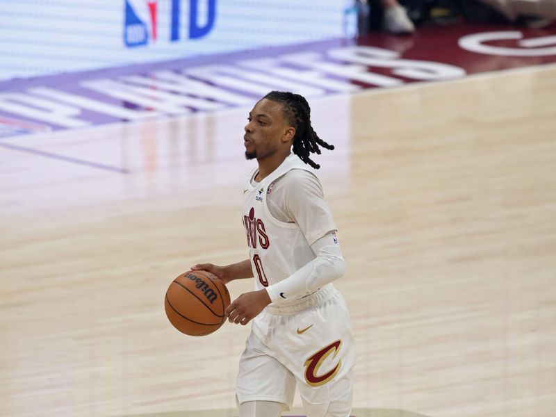 CLEVELAND, OH - APRIL 20: Darius Garland #10 of the Cleveland Cavaliers dribbles the ball during the game against the Miami Heat during Round 1 Game 1 of the 2025 NBA Playoffs  on April 20, 2025 at Rocket Mortgage FieldHouse in Cleveland, Ohio. NOTE TO USER: User expressly acknowledges and agrees that, by downloading and/or using this Photograph, user is consenting to the terms and conditions of the Getty Images License Agreement. Mandatory Copyright Notice: Copyright 2025 NBAE (Photo by  Lauren Leigh Bacho/NBAE via Getty Images)