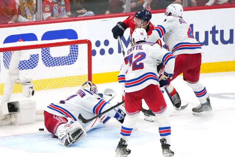 Jun 1, 2024; Sunrise, Florida, USA; Florida Panthers right wing Vladimir Tarasenko (10) scores a goal past New York Rangers goaltender Igor Shesterkin (31) during the third period in game six of the Eastern Conference Final of the 2024 Stanley Cup Playoffs at Amerant Bank Arena. Mandatory Credit: Jim Rassol-USA TODAY Sports