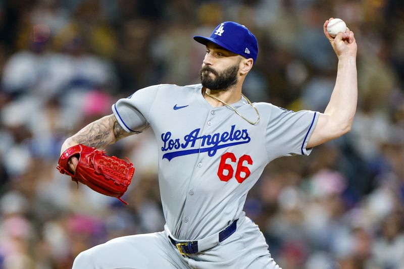 Jun 9, 2025; San Diego, California, USA; Los Angeles Dodgers relief pitcher Tanner Scott (66) throws a pitch during the tenth inning against the San Diego Padres at Petco Park. Mandatory Credit: David Frerker-Imagn Images