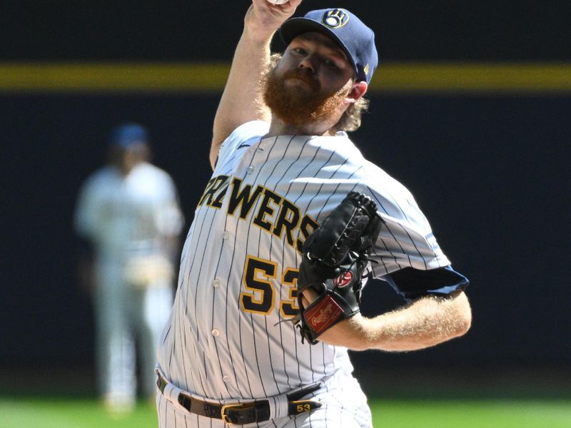 Sep 17, 2023; Milwaukee, Wisconsin, USA; Milwaukee Brewers starting pitcher Brandon Woodruff (53) delivers a pitch against the Washington Nationals in the second inning at American Family Field. Mandatory Credit: Michael McLoone-USA TODAY Sports