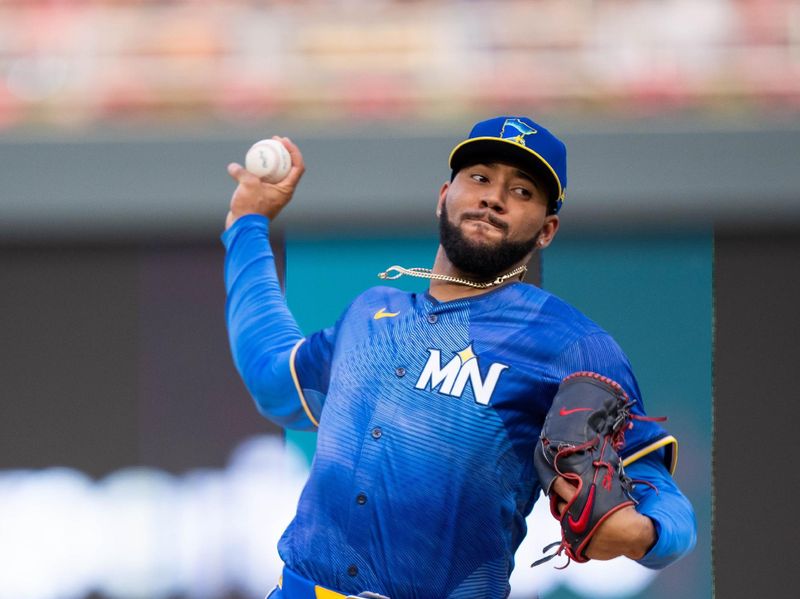 Jun 14, 2024; Minneapolis, Minnesota, USA; Minnesota Twins pitcher Simeon Woods Richardson (78) pitches against the Oakland Athletics in the first inning at Target Field. Mandatory Credit: Brad Rempel-USA TODAY Sports