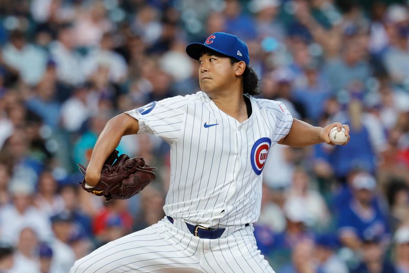 Aug 1, 2024; Chicago, Illinois, USA; Chicago Cubs starting pitcher Shota Imanaga (18) delivers a pitch against the St. Louis Cardinals during the first inning at Wrigley Field. Mandatory Credit: Kamil Krzaczynski-USA TODAY Sports