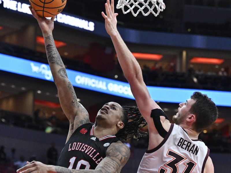 Mar 5, 2024; Louisville, Kentucky, USA; Louisville Cardinals forward Kaleb Glenn (10) shoots against Virginia Tech Hokies forward Robbie Beran (31) during the second half at KFC Yum! Center. Virginia Tech defeated Louisville 80-64. Mandatory Credit: Jamie Rhodes-USA TODAY Sports