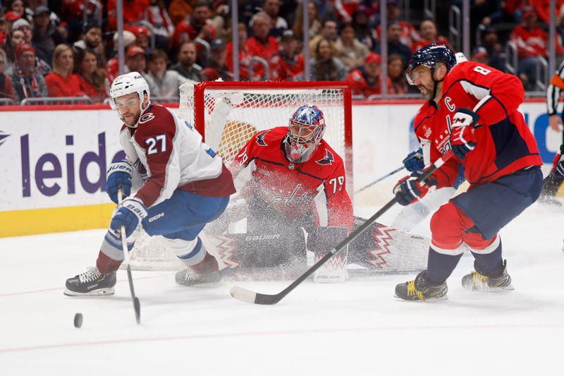 Feb 13, 2024; Washington, District of Columbia, USA; Colorado Avalanche left wing Jonathan Drouin (27) and Washington Capitals left wing Alex Ovechkin (8) battle for the puck in front of Capitals goaltender Charlie Lindgren (79) in the second period at Capital One Arena. Mandatory Credit: Geoff Burke-USA TODAY Sports