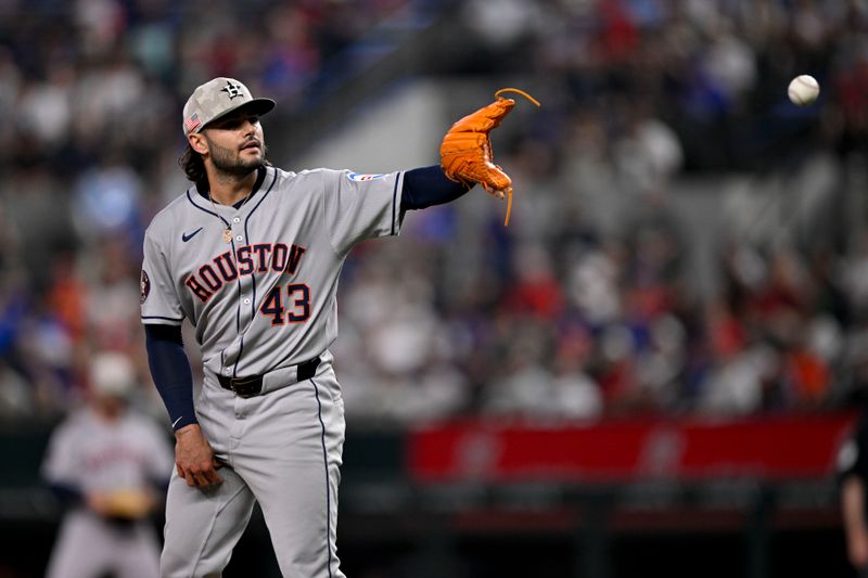 May 16, 2025; Arlington, Texas, USA; Houston Astros starting pitcher Lance McCullers Jr. (43) pitches against the Texas Rangers during the first inning at Globe Life Field. Mandatory Credit: Jerome Miron-Imagn Images