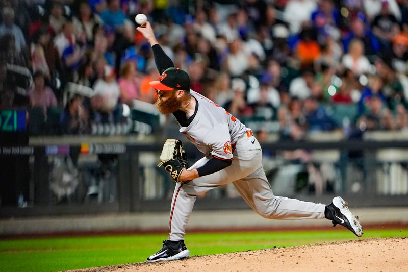 Aug 19, 2024; New York City, New York, USA; Baltimore Orioles pitcher Colin Selby (60) delivers a pitch against the New York Mets during the fifth inning at Citi Field. Mandatory Credit: Gregory Fisher-USA TODAY Sports