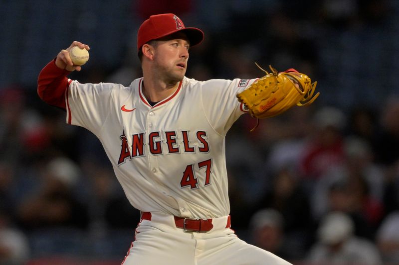 Sep 17, 2024; Anaheim, California, USA;  Los Angeles Angels starting pitcher Griffin Canning (47) delivers to the plate in the second inning against the Chicago White Sox at Angel Stadium. Mandatory Credit: Jayne Kamin-Oncea-Imagn Images