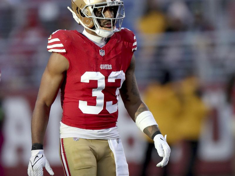 San Francisco 49ers safety Logan Ryan (33) stands on the field during an NFL football game against the Los Angeles Rams, Monday, Jan. 7, 2024, in Santa Clara, Calif. (AP Photo/Scot Tucker)