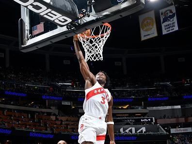 ORLANDO, FL - NOVEMBER 21: OG Anunoby #3 of the Toronto Raptors dunks the ball during the game against the Orlando Magic during the In-Season Tournament on November 21, 2023 at Amway Center in Orlando, Florida. NOTE TO USER: User expressly acknowledges and agrees that, by downloading and or using this photograph, User is consenting to the terms and conditions of the Getty Images License Agreement. Mandatory Copyright Notice: Copyright 2023 NBAE (Photo by Fernando Medina/NBAE via Getty Images)