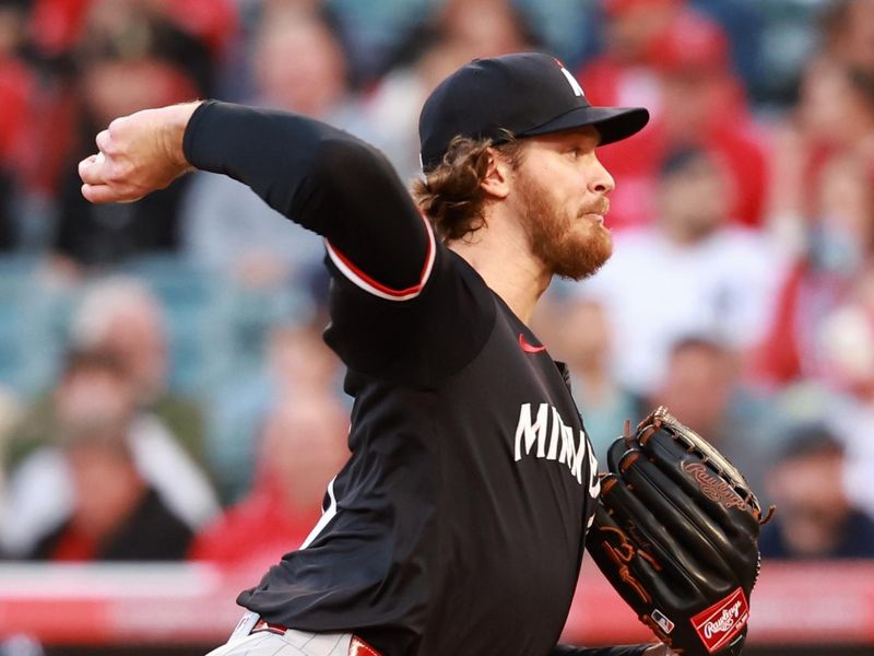 Apr 26, 2024; Anaheim, California, USA;  Minnesota Twins pitcher Bailey Ober (17) pitches during the first inning against the Los Angeles Angels at Angel Stadium. Mandatory Credit: Kiyoshi Mio-USA TODAY Sports