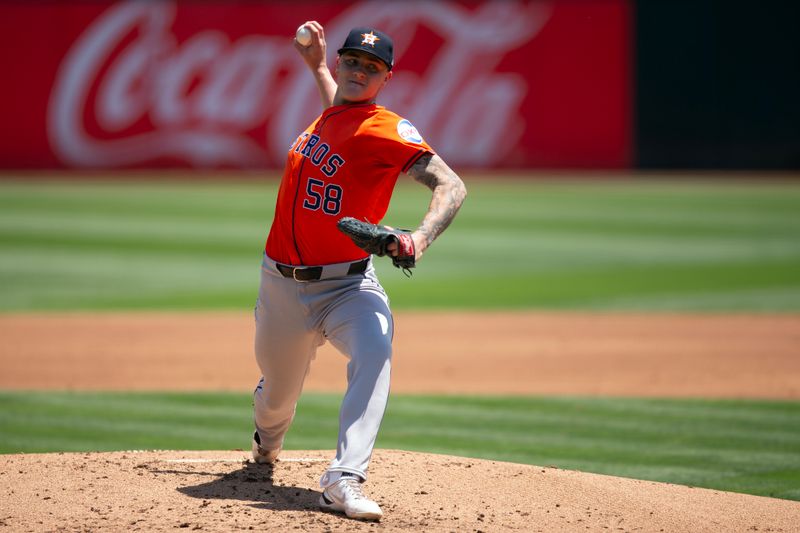 Jul 24, 2024; Oakland, California, USA; Houston Astros starting pitcher Hunter Brown (58) delivers against the Oakland Athletics during the first inning at Oakland-Alameda County Coliseum. Mandatory Credit: D. Ross Cameron-USA TODAY Sports