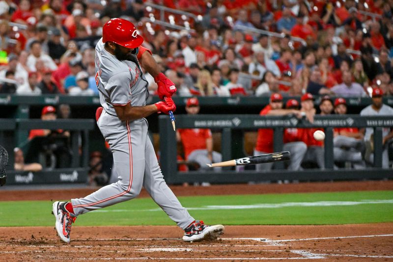 Sep 10, 2024; St. Louis, Missouri, USA; Cincinnati Reds designated hitter Amed Rosario (38) breaks his bat as he grounds out against the St. Louis Cardinals during the fourth inning at Busch Stadium. Mandatory Credit: Jeff Curry-Imagn Images