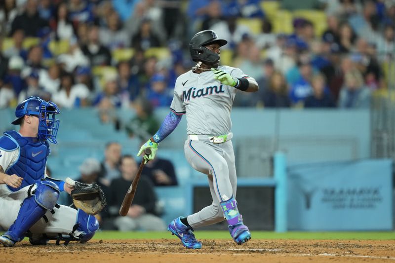 May 7, 2024; Los Angeles, California, USA; Miami Marlins center fielder Jazz Chisholm Jr. (2) bats against the Los Angeles Dodgers at Dodger Stadium. Mandatory Credit: Kirby Lee-USA TODAY Sports