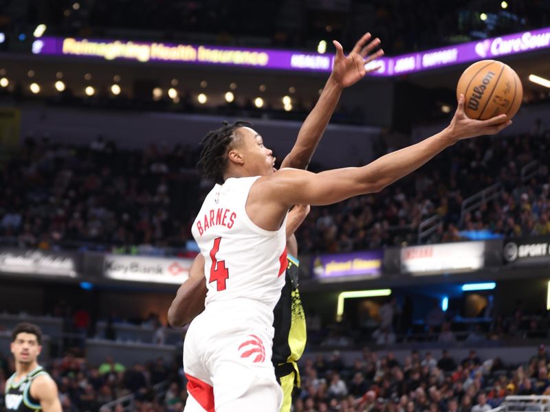 INDIANAPOLIS, IN - FEBRUARY 27: Scottie Barnes #4 of the Toronto Raptors drives to the basket during the game against the Indiana Pacers on February 27, 2024 at Gainbridge Fieldhouse in Indianapolis, Indiana. NOTE TO USER: User expressly acknowledges and agrees that, by downloading and or using this Photograph, user is consenting to the terms and conditions of the Getty Images License Agreement. Mandatory Copyright Notice: Copyright 2024 NBAE (Photo by Pepper Robinson/NBAE via Getty Images)