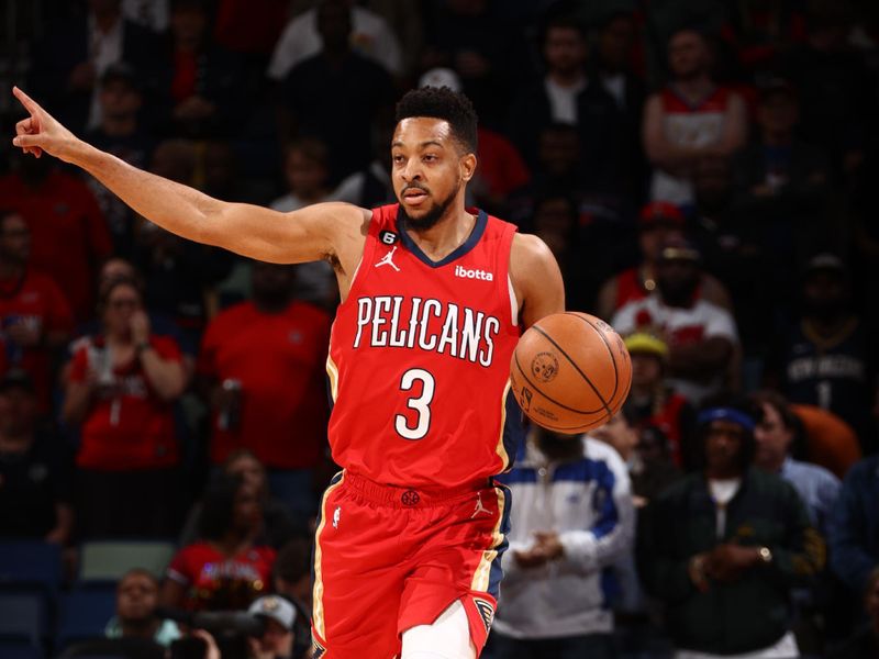 NEW ORLEANS, LA - DECEMBER 9: CJ McCollum #3 of the New Orleans Pelicans sets the play as he bring the ball up the court on December 9, 2022 at the Smoothie King Center in New Orleans, Louisiana. NOTE TO USER: User expressly acknowledges and agrees that, by downloading and or using this Photograph, user is consenting to the terms and conditions of the Getty Images License Agreement. Mandatory Copyright Notice: Copyright 2022 NBAE (Photo by Ned Dishman/NBAE via Getty Images)