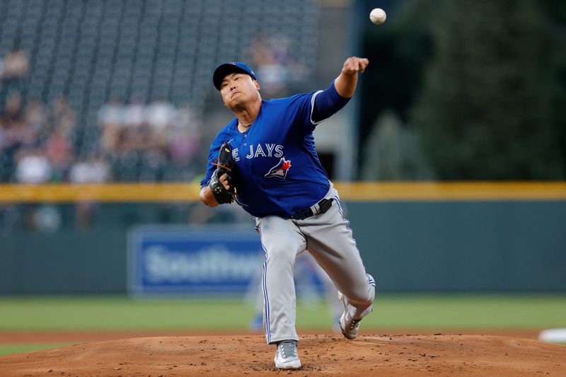 Sep 1, 2023; Denver, Colorado, USA; Toronto Blue Jays starting pitcher Hyun Jin Ryu (99) pitches in the first inning against the Colorado Rockies at Coors Field. Mandatory Credit: Isaiah J. Downing-USA TODAY Sports